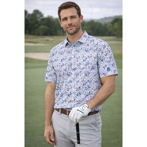 Donald Ross Men Shirt L Denver Golf Polo Abstract Floral Performance UPF 50 Logo